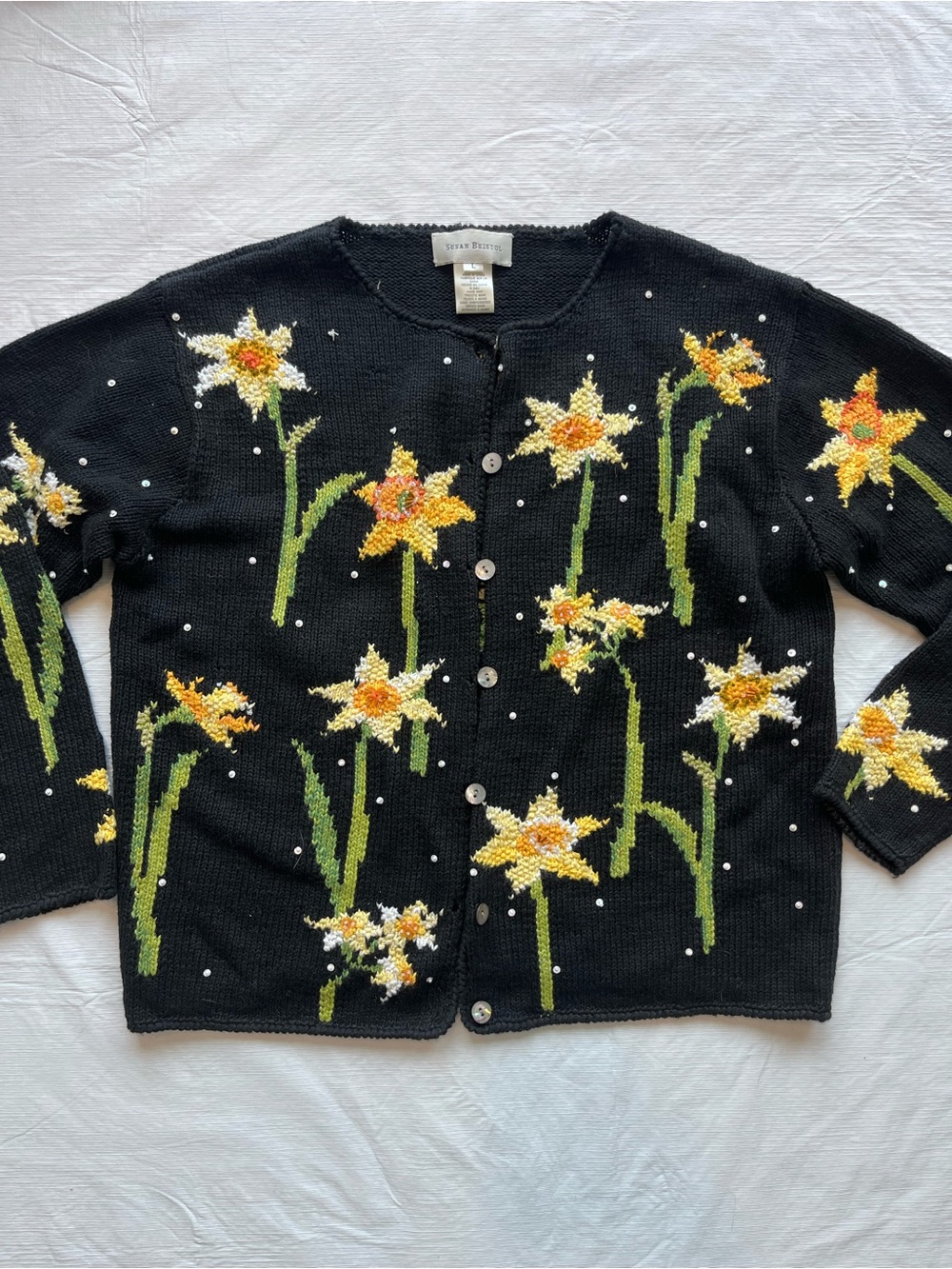 Vintage Susan Bristol Daffodil Black Yellow Cardigan Sweater Y2K